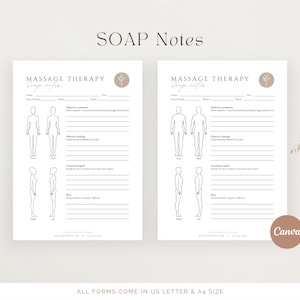 May include: Two printable SOAP note templates for massage therapy. Each template includes a space for client information, subjective symptoms, objective findings, assessment, and plan. The templates also include outlines of the human body for charting.