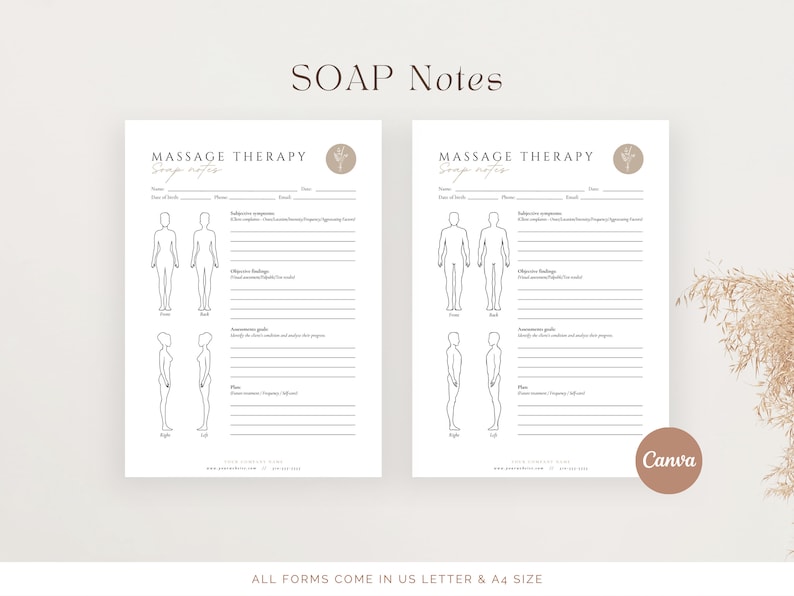 May include: Two printable SOAP note templates for massage therapy. Each template includes a space for client information, subjective symptoms, objective findings, assessment, and plan. The templates also include outlines of the human body for charting.