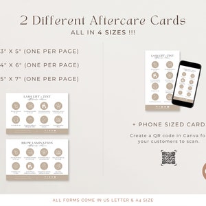 May include: Two printable aftercare cards for lash lift and tint, and brow lamination services. The cards are available in four sizes: 3 x 5 inches, 4 x 6 inches, 5 x 7 inches, and phone-sized. The cards feature a minimalist design with a light brown background and white text. The cards also include a QR code that can be used to create a phone-sized card in Canva.