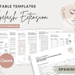 May include: Editable templates for eyelash extensions in Spanish. The templates include a client intake form, a consent form, a guide to eyelash extensions, and a post-care guide. The templates are designed to be used with Canva.