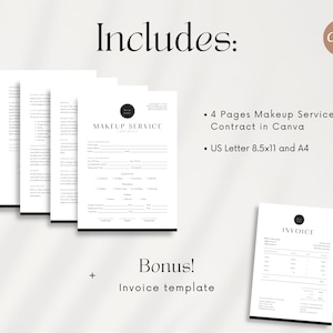 May include: A digital download of a four-page makeup service contract template in Canva, with a bonus invoice template. The contract is available in US Letter 8.5x11 and A4 sizes.