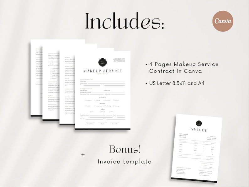May include: A digital download of a four-page makeup service contract template in Canva, with a bonus invoice template. The contract is available in US Letter 8.5x11 and A4 sizes.