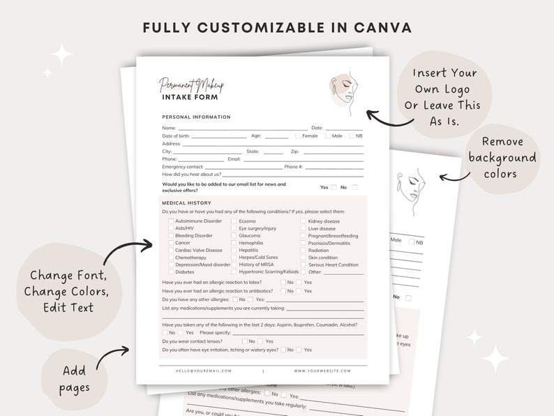 May include: A customizable intake form for permanent makeup services. The form includes sections for personal information, medical history, and allergies. The form is designed to be edited in Canva.