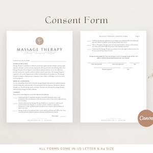 May include: A printable consent form for massage therapy. The form includes sections for client information, scope of practice, medical conditions, and consent. The form is titled "Massage Therapy Client Consent Form".