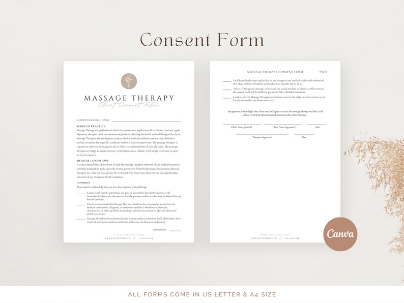 May include: A printable consent form for massage therapy. The form includes sections for client information, scope of practice, medical conditions, and consent. The form is titled "Massage Therapy Client Consent Form".