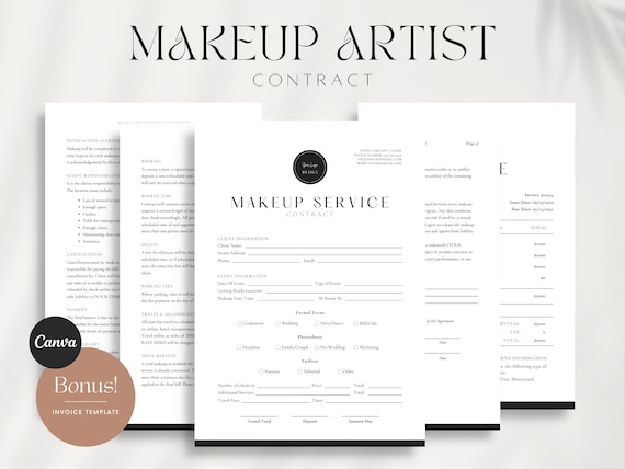 Makeup Service Contract Template - MUA Contract, Makeup Service Form, Makeup Artist Form, Bridal Makeup Contract, Freelance Makeup Artist