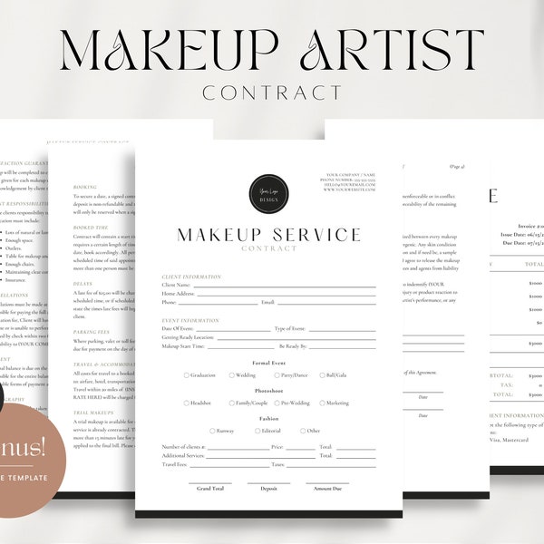 Modèle de contrat de service de maquillage - contrat MUA, formulaire de service de maquillage, formulaire de maquilleur, contrat de maquillage de mariée, maquilleur indépendant