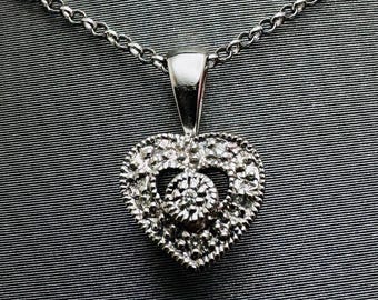 14K White Gold Heart Pendant with Diamond Alike Stones