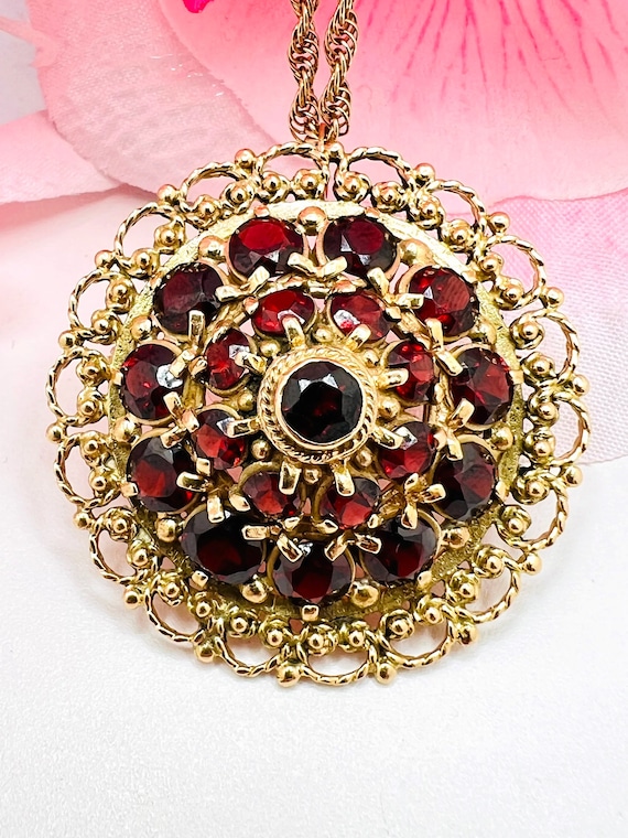 14K Yellow Gold Garnet Round Necklace Pendant Bro… - image 1