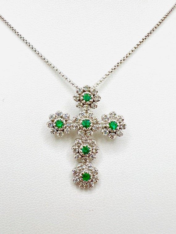 14K White Gold Diamond 0.50ct & Emerald Floral Ne… - image 2