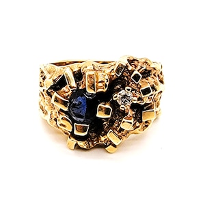 14K Yellow Blue Sapphire & Diamond 0.20ct Cocktail Designed Handmade Ring Size 6