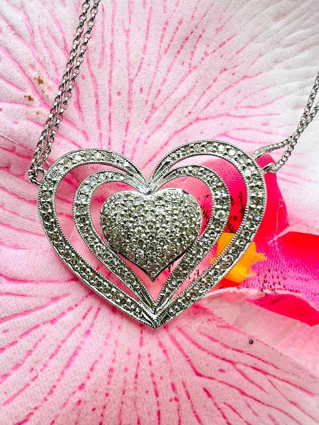 14K White Gold Double Chain Diamond Heart Shape Necklace Pendant Etsy