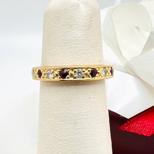 14K Yellow Gold Diamond 0.20ct & Ruby Band Ring Size 4.5 approximately