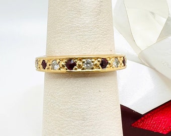 14K Yellow Gold Diamond 0.20ct & Ruby Band Ring Size 4.5 approximately