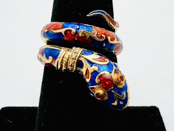 Vintage 14K Yellow Gold Red & Blue Enamel Snake Ring Size 6.75