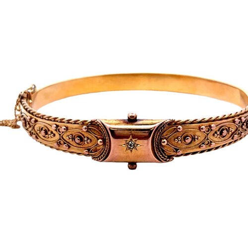 Antique Vintage 14K Yellow Gold Diamond Bangle Bracelet
