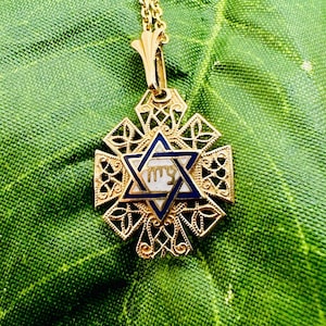 White & Blue Enamel Star Of David Pendant In 14K Yellow Gold