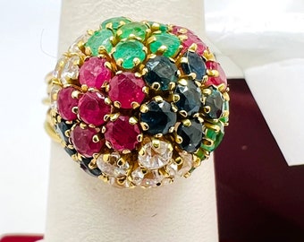 Stunning 18K Yellow Gold Vintage Diamond, Emerald, Ruby & Sapphire Floral Puff Ring Size 6.75