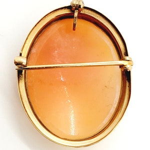 May include: An oval cameo brooch in a gold tone with a light orange cameo stone. The brooch has a pin and catch fastening on the reverse.