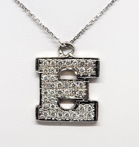 Letter "E" Diamond Pendant, 14K White Gold, Chain… - image 2