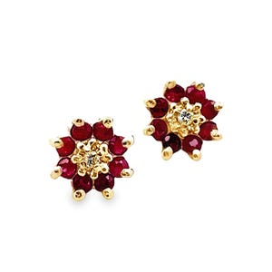 Vintage 14K Yellow Gold Ruby and Diamond Flower Stud Earrings