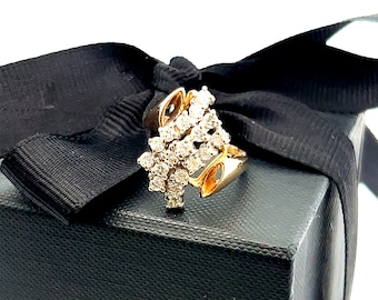 Anel vintage em ouro amarelo 14K com diamante de 1,30 ct em cluster, tamanho 6 1/2.