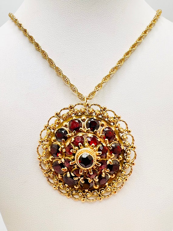 14K Yellow Gold Garnet Round Necklace Pendant Bro… - image 8