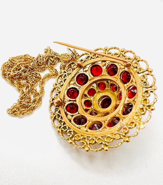 14K Yellow Gold Garnet Round Necklace Pendant Bro… - image 3