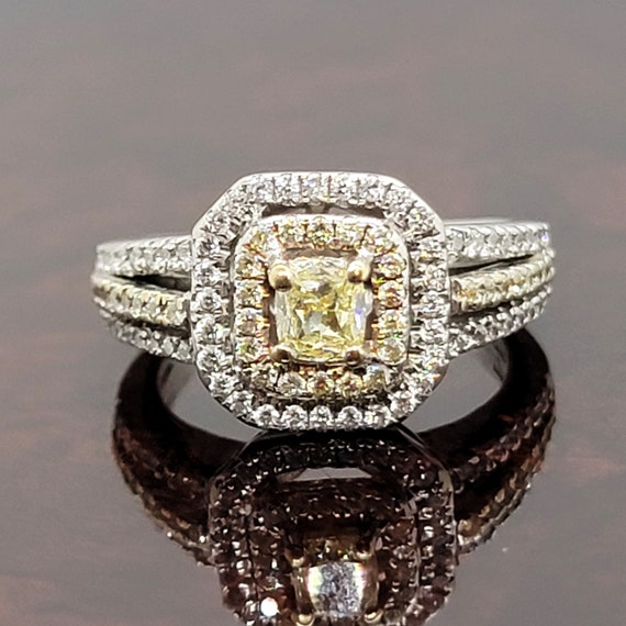 Handmade 14K White Gold Yellow/White Diamond Ring… - image 2