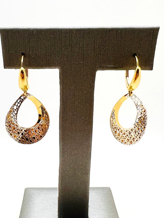 18K Two Tone Gold Mesh Dangle Drop Earrings