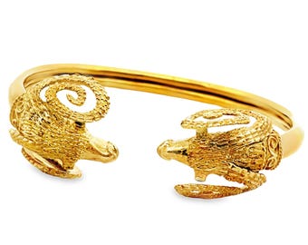 Vintage 18K Yellow Gold & Ruby Greek Ram's Head Flex Bangle Bracelet