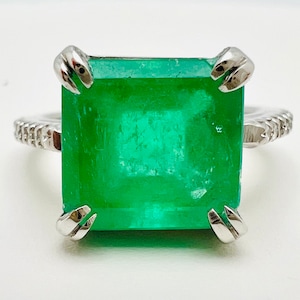 14K White Gold Square Emerald Diamond 0.30ct Ring Size 5 1/2