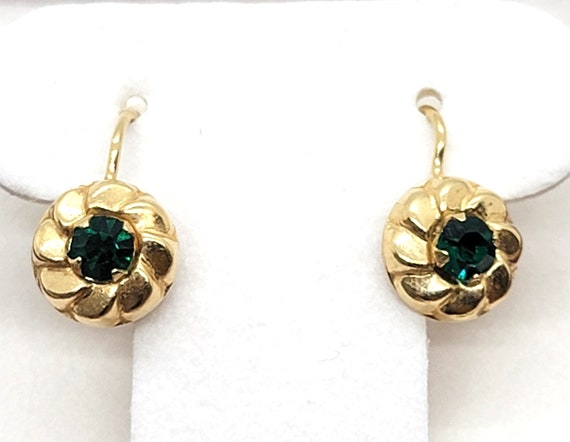 Earrings 14K Yellow Gold  synthetic Green Stone - image 1