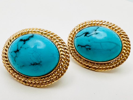 Vintage 14K Yellow Gold Turquoise Oval Rope Earri… - image 2