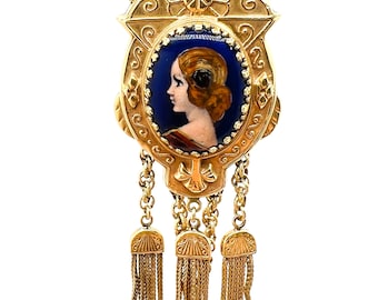 Collana con cammeo in smalto in oro giallo 14 carati, ritratto di donna antica, 32"