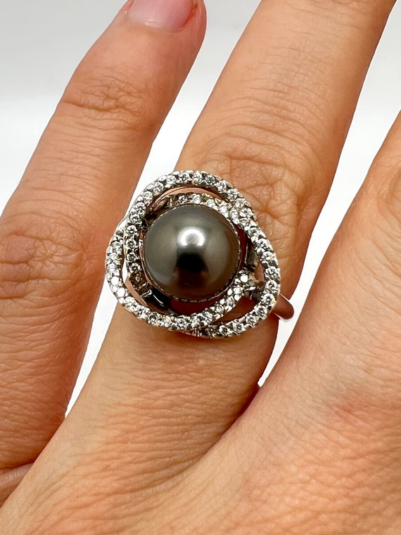 14K white Gold Black Pearl & Diamond 0.25ct Ring … - image 10