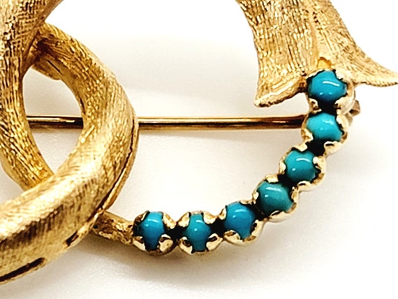 14K Yellow Gold Turquoise Pearl Pin Brooch - image 2