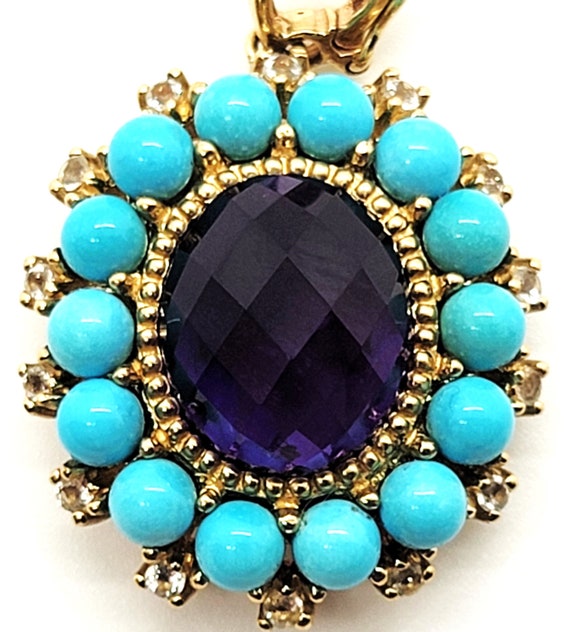 10K Yellow Gold Diamond, Turquoise & Amethyst Flo… - image 2