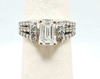 14K White Gold Emerald Cut Diamond 1.20ct Multi-row Solitaire Engagement Ring Size 5.6