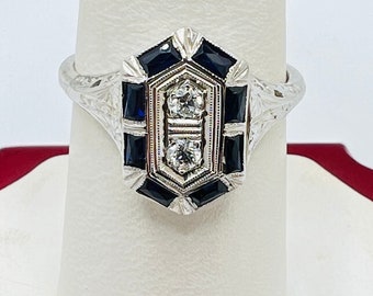 14K White Gold Diamond 0.20ct and Sapphire Art Deco Ring Size 7.75