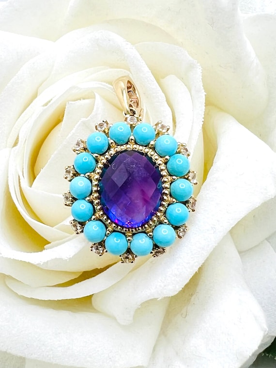 10K Yellow Gold Diamond, Turquoise & Amethyst Flo… - image 1