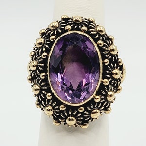 14K Yellow Gold Purple Amethyst Edwardian Style Cocktail Ring Size 6.5