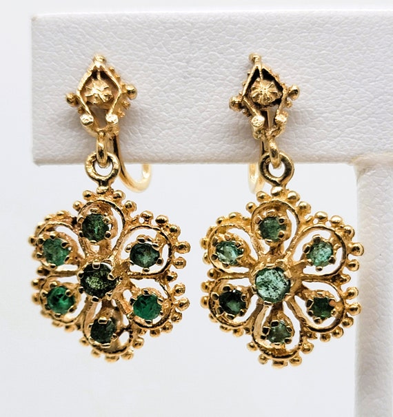 Emerald Floral Earrings, 14K Yellow Gold - image 5