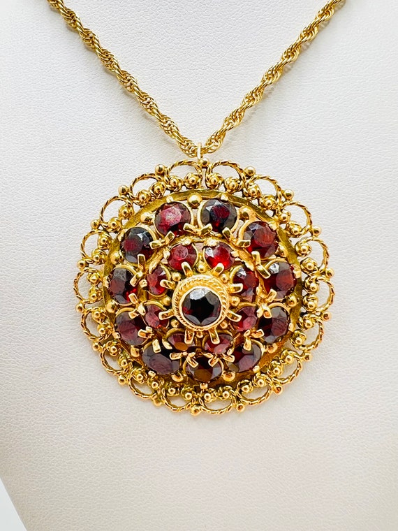 14K Yellow Gold Garnet Round Necklace Pendant Bro… - image 2