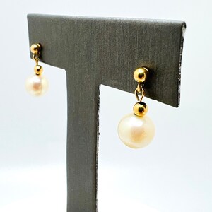14K Yellow Gold Pearl Dangle Drop Earrings
