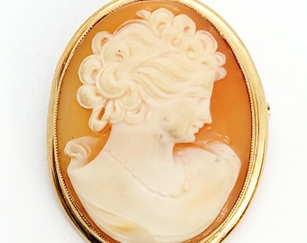 May include: A gold-toned cameo pendant featuring a carved portrait of a woman with detailed hair and a delicate necklace. The cameo is set in an oval frame.