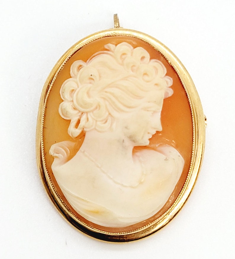 May include: A gold-toned cameo pendant featuring a carved portrait of a woman with detailed hair and a delicate necklace. The cameo is set in an oval frame.