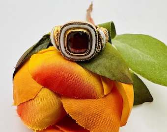 Vintage 18K Yellow Gold Cushion Cut Garnet Enamel Cocktail Ring, Size 7