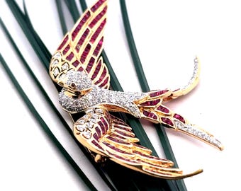 鳥のブローチ 18K ゴールド ダイヤモンドアクセント マルチカラー
