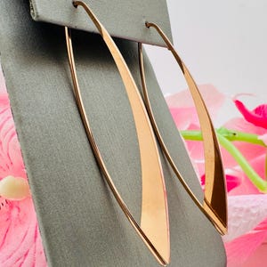 Könnte beinhalten: Ein Paar goldfarbene, längliche Creolen. Die Ohrringe haben ein schlankes, modernes Design mit einer flachen, blattartigen Form. Sie werden auf einem grauen Ohrringhalter vor einem Hintergrund aus rosa Blumen präsentiert.